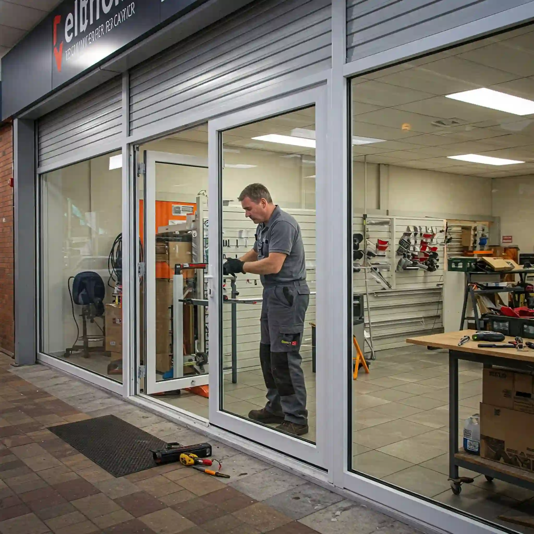 Skilled London technician precisely repairing a commercial aluminium door mechanism